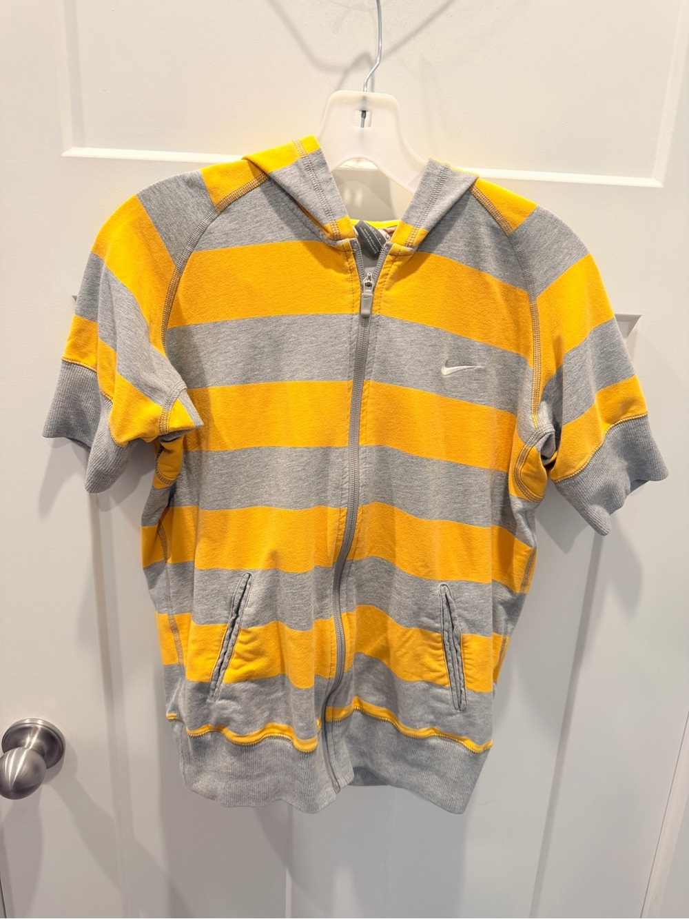 Nike Yellow Gray Striped Short Sleeve Full Zip Hoodie Retro Y2K small